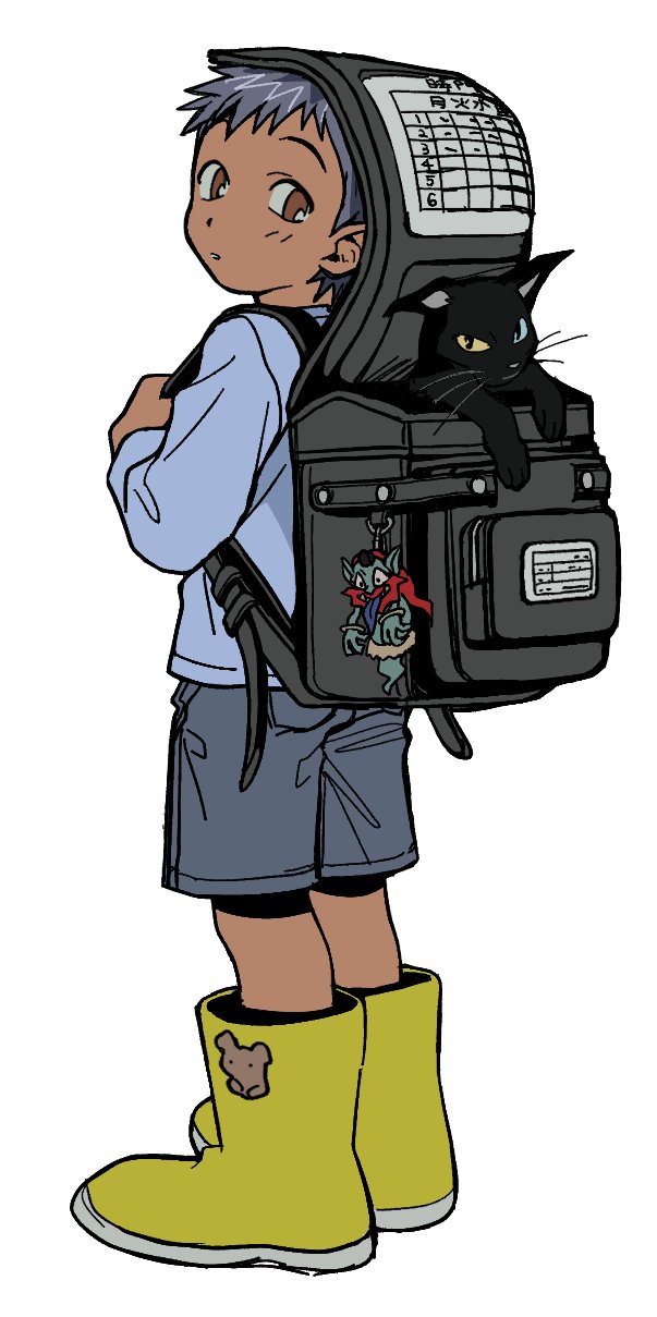 1boy, amanojaku_(gakkou_no_kaidan), backpack, bag, black_bag, black_cat, black_hair, blue_shirt