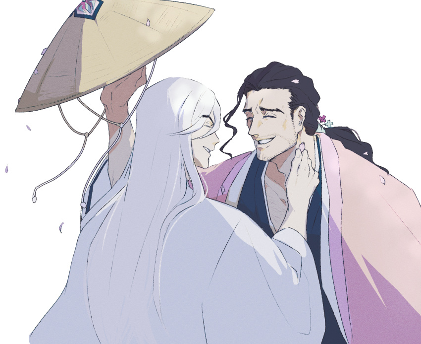 2boys, black_kimono, bleach, brown_hair, cherry_blossoms, closed_eyes, commentary_request, facial_hair
