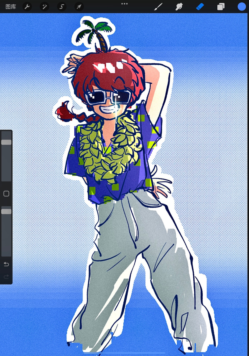 1girl, arm_behind_back, arm_behind_head, arm_up, art_program_in_frame, art_program_request, blue_background, blue_shirt