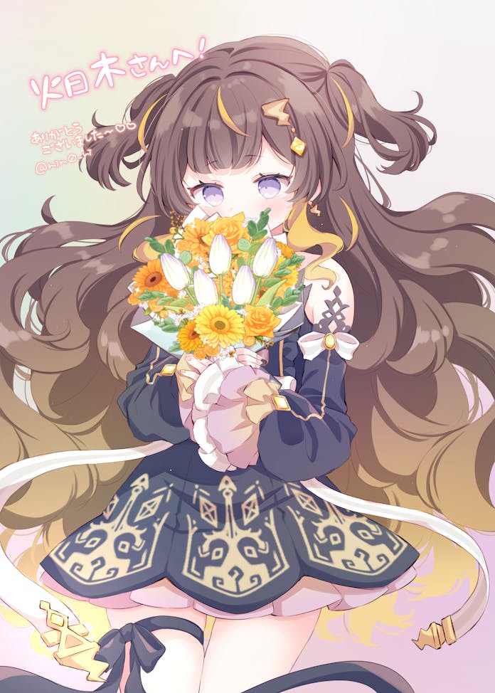1girl, anya_melfissa, anya_melfissa_(1st_costume), black_ribbon, bouquet, bow, bowtie, commentary_request