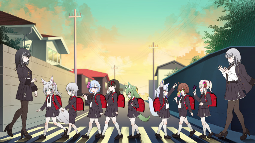 1boy, 6+girls, :d, absurdres, ahoge, animal_ears, ankle_socks, arm_out_of_sleeve