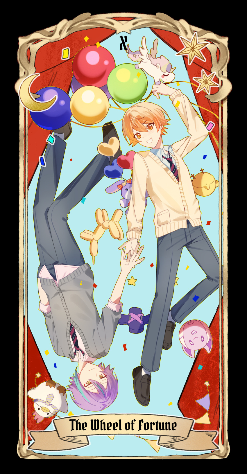 2boys, absurdres, aqua_background, aqua_streaks, arm_up, balloon_animal, bird, black_border