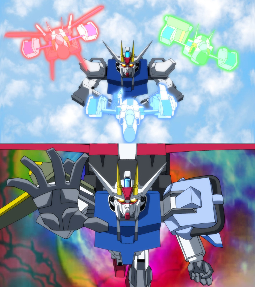 aircraft, airplane, armor, clouds, commentary, energy_sword, english_commentary, flying