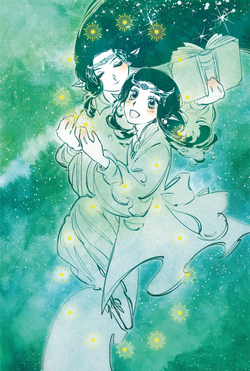 2boys, androgynous, black_hair, blush, book, brothers, circlet, collared_dress