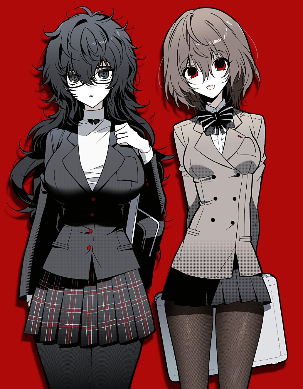 2girls, akechi_goro, alternate_hairstyle, amamiya_ren, arms_behind_back, bag, black_eyes, black_hair