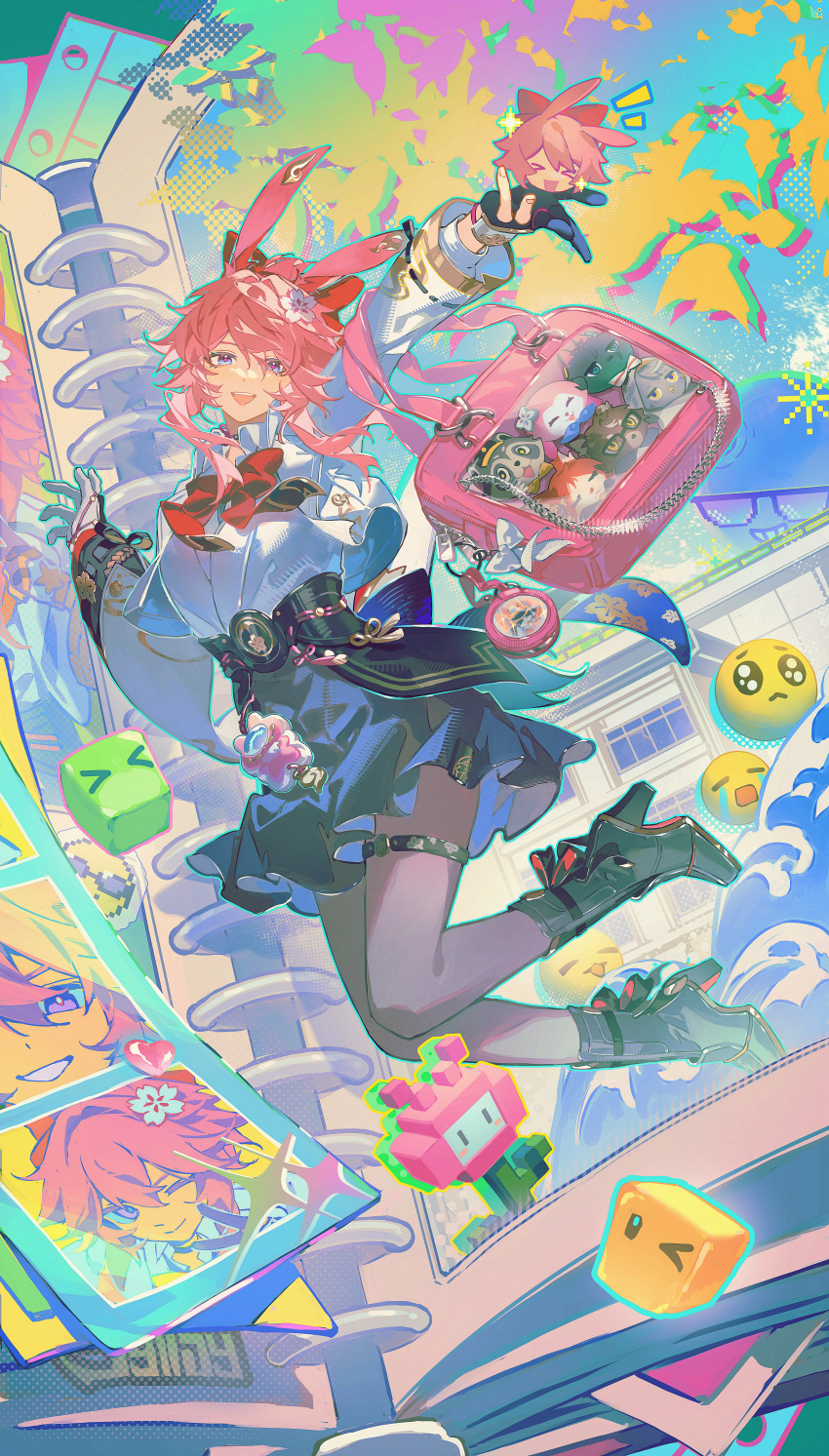 1girl, absurdres, animal_ears, asymmetrical_gloves, bag, black_pantyhose, black_skirt, book
