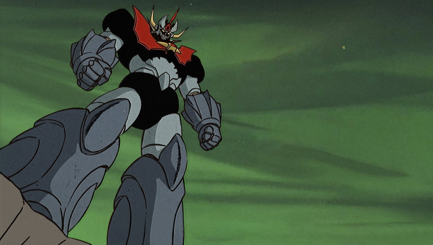 1970s_(style), armor, black_armor, clenched_hands, cumgyattler_v, derivative_work, fake_screenshot, faux_retro_artstyle, from_below, full_body, green_sky, grey_armor, highres, horns, looking_at_viewer, mazinger_(series), mazinkaiser, mazinkaiser_(robot), mecha, mecha_focus, multicolored_armor, outdoors, retro_artstyle, robot, screenshot_redraw, sky, solo, standing, super_robot, yellow_eyes