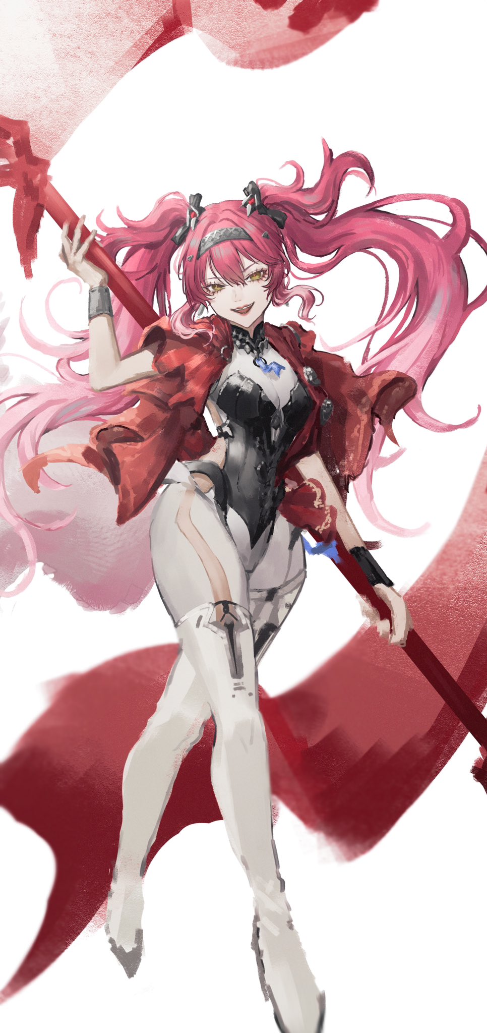 1girl, armor, black_bow, bodysuit, boots, bow, breastplate, breasts, collar, commentary_request, gi_ra1, hair_between_eyes, hair_bow, hairband, highres, holding, holding_polearm, holding_weapon, lupa_(wuthering_waves), medium_breasts, metal_collar, metal_hairband, open_mouth, pink_hair, polearm, smile, solo, thigh_boots, twintails, two-handed, weapon, white_bodysuit, white_boots, wuthering_waves, yellow_eyes