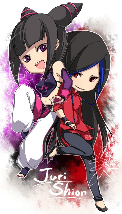 baggy_pants, bangs, barefoot, black_hair, blue_hair, blunt_bangs, braid, breasts