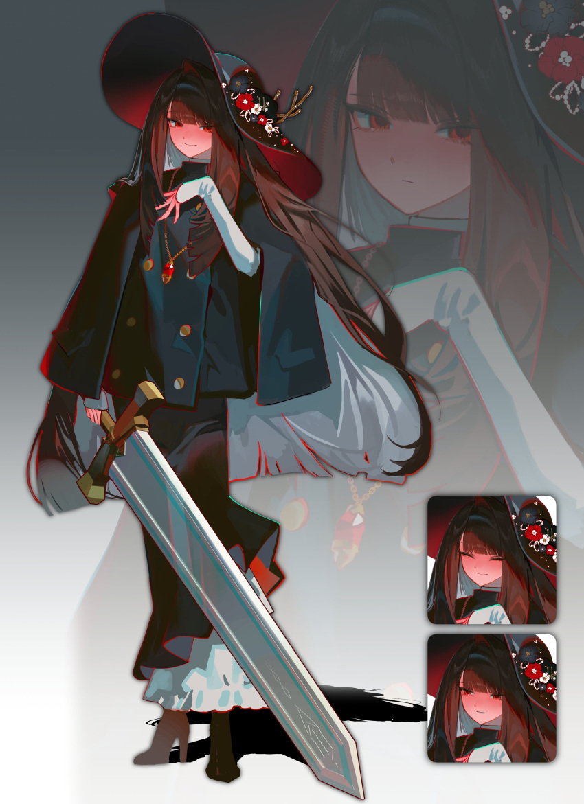 1girl, absurdres, black_coat, black_hair, black_hat, black_shoes, black_skirt, coat