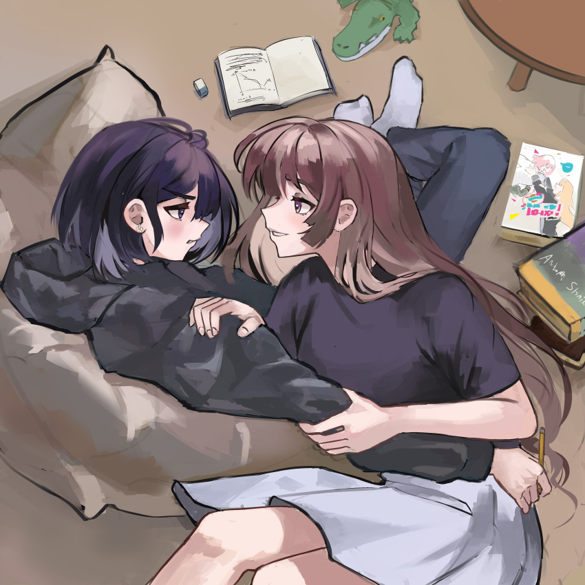 2girls, absurdres, amaori_renako, black_hoodie, black_pants, black_shirt, book, brown_hair