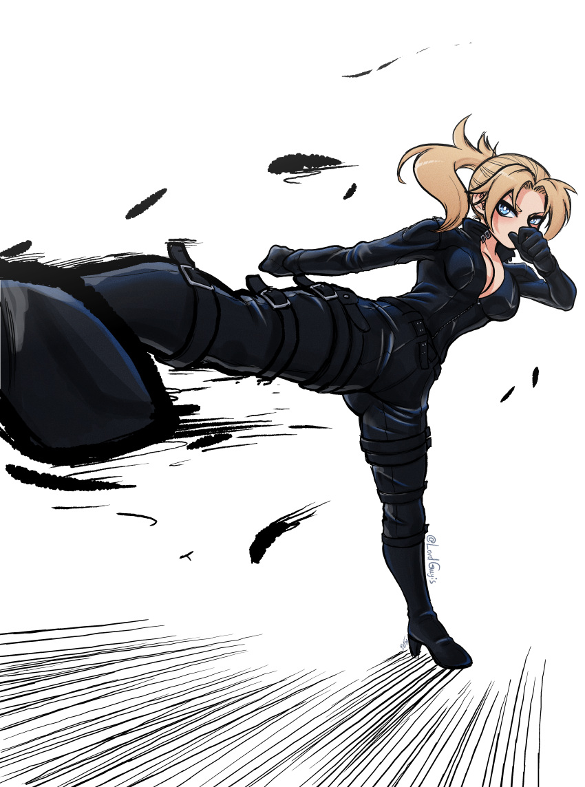 1girl, absurdres, biker_clothes, bikesuit, black_bodysuit, black_boots, blue_eyes, bodysuit