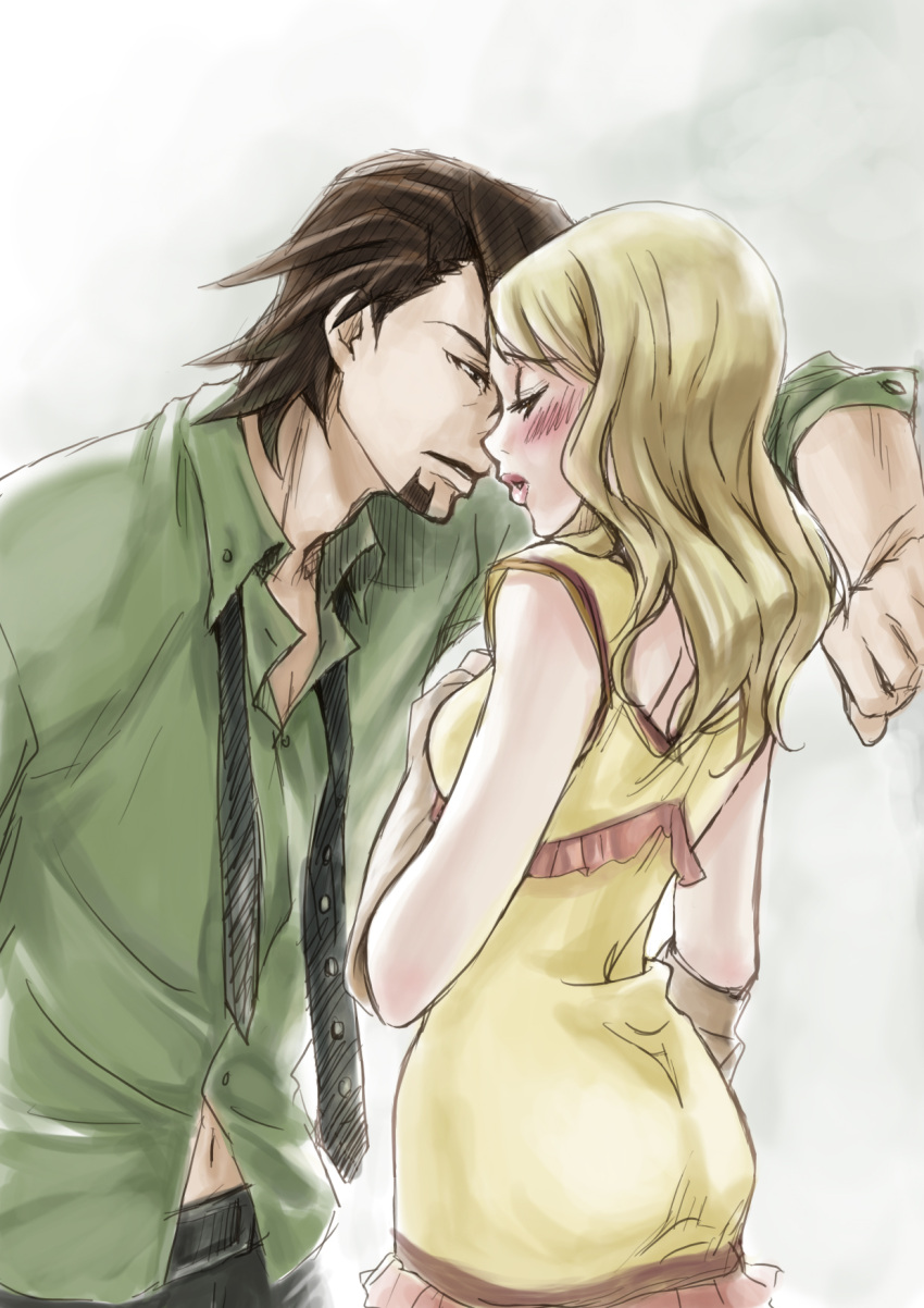 1girl, bare_shoulders, blonde_hair, blush, brown_eyes, brown_hair, couple, detached_sleeves