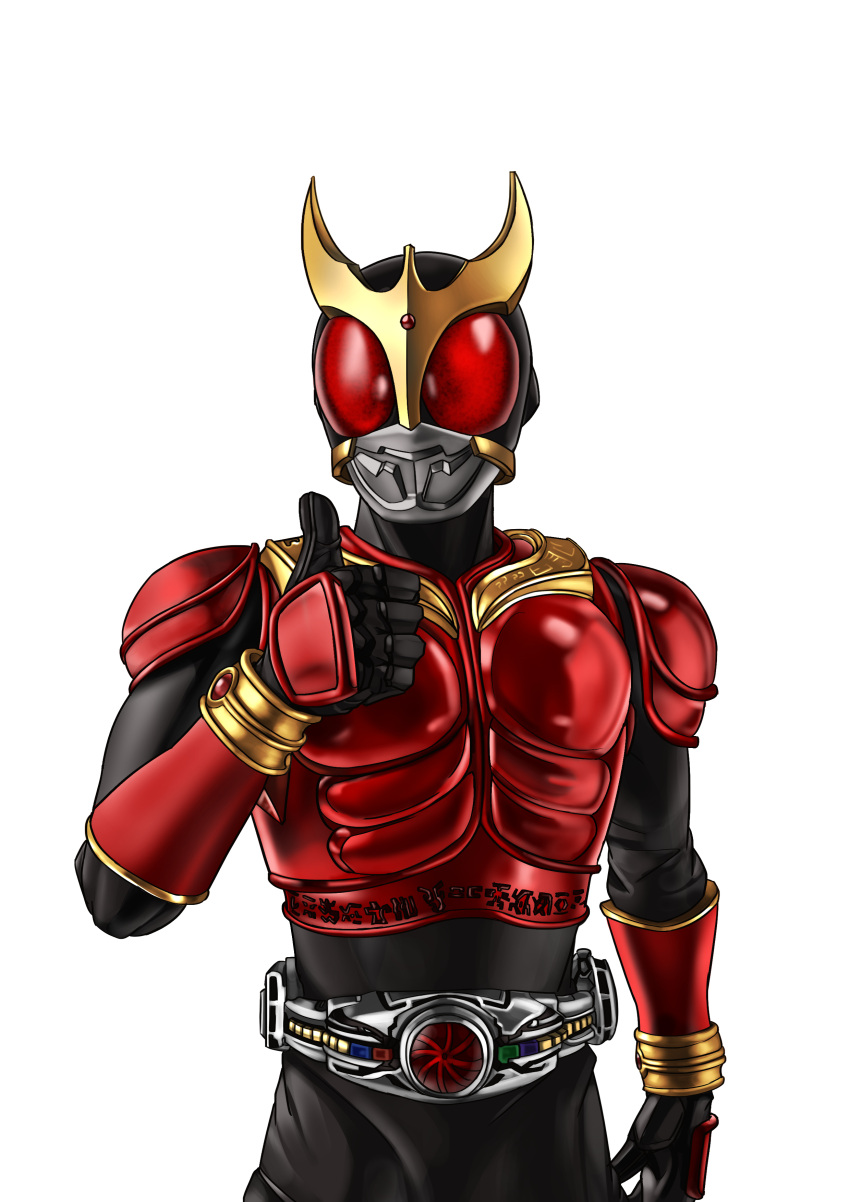 1boy, absurdres, arcle_(kuuga), armor, black_bodysuit, black_gloves, bodysuit, bracelet, breastplate, commentary, compound_eyes, forehead_jewel, gem, gloves, glowing, glowing_eyes, gold_bracelet, gold_horns, gold_trim, hand_up, highres, horns, jewelry, kamen_rider, kamen_rider_kuuga, kamen_rider_kuuga_(mighty_form), kamen_rider_kuuga_(series), looking_at_viewer, male_focus, open_hand, pectorals, red_armor, red_eyes, red_gem, rider_belt, shoulder_armor, simple_background, solo, standing, thumbs_up, tokusatsu, tokusatsushima, toned, toned_male, upper_body, white_background