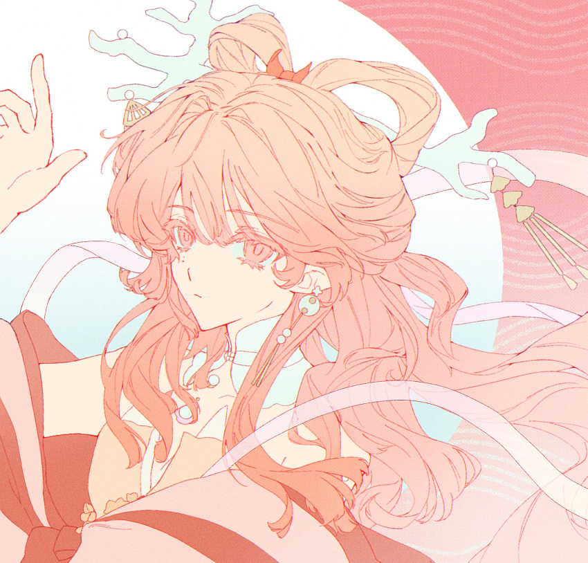 1girl, arknights, bare_shoulders, chinese_clothes, chinese_commentary, closed_mouth, commentary_request, coral_hair_ornament
