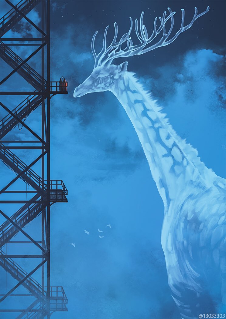 2others, animal, antlers, closed_eyes, commentary, giraffe, horns, monokubo