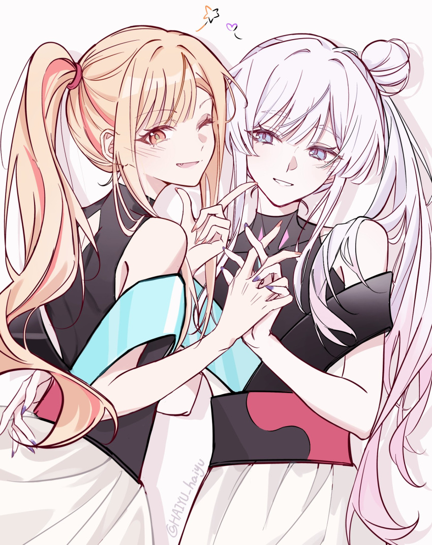2girls, blonde_hair, blue_eyes, blue_nails, blush, brown_eyes, cho_kaguya-hime!, clothing_cutout