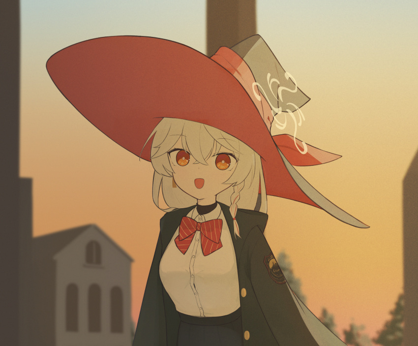 1girl, black_hat, black_jacket, blue_archive, bow, bowtie, breasts, building