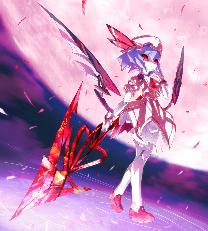 blue_hair, full_moon, hand_on_own_face, hand_to_face, hat, highres, mecha, mecha_musume, mechanization, medarots, moon, red_eyes, red_moon, remilia_scarlet, robot, solo, spear_the_gungnir, star_(ikaruga), touhou, wings