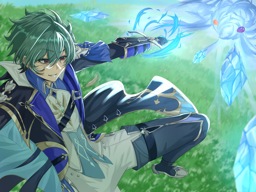 1boy, ahoge, black_boots, black_gloves, blue_shirt, boots, cape, collared_shirt