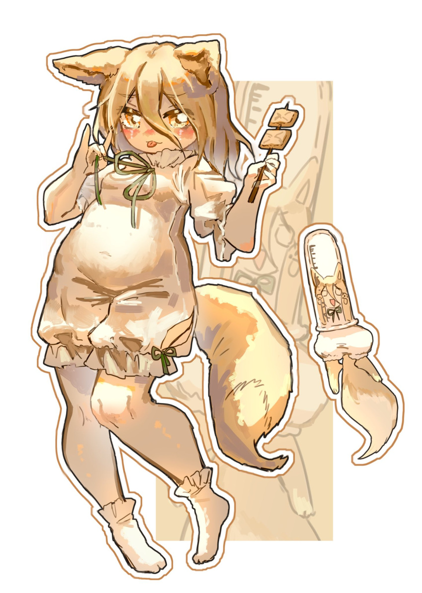 1girl, :3, aburaage, animal_ears, blonde_hair, blush, breasts, brown_outline, commentary_request, covered_navel, fat, fatter_than_canon, food, fox_ears, fox_girl, fox_shadow_puppet, fox_tail, full_body, green_ribbon, hair_between_eyes, hands_up, heel_up, highres, holding, holding_food, kudamaki_tsukasa, long_hair_between_eyes, looking_at_viewer, medium_hair, multiple_views, o_o, open_mouth, outline, pigeon-toed, pulling_own_clothes, ribbon, romper, short_sleeves, shouxishao_jiuyuan, simple_background, small_breasts, socks, standing, stuck, tail, test_tube, tongue, tongue_out, touhou, white_background, white_outline, white_romper, white_socks, yellow_eyes, zoom_layer