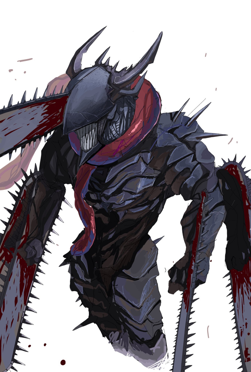 armor, black_armor, blood, blood_on_weapon, chainsaw, chainsaw_devil, chainsaw_man, demon_horns