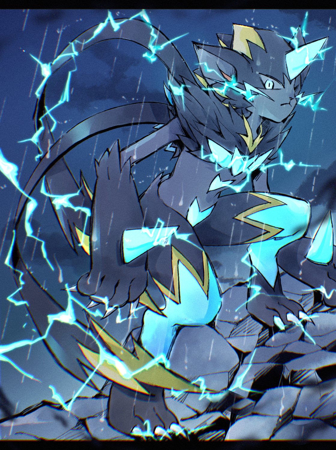 1other, black_fur, blue_eyes, body_fur, claws, closed_mouth, commentary_request, electricity