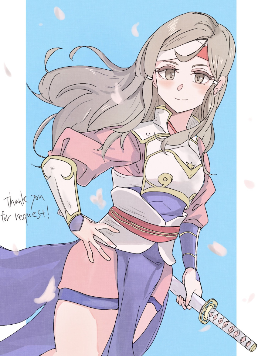 1girl, armor, asymmetrical_legwear, blue_background, breasts, brown_eyes, brown_hair, commentary_request, fire_emblem, fire_emblem_fates, hana_(fire_emblem), hand_on_own_hip, headband, highres, japanese_armor, japanese_clothes, katana, long_hair, looking_at_viewer, nad1r94962, samurai, skindentation, small_breasts, solo, standing, sword, thigh-highs, thighs, uneven_legwear, weapon, white_armor, white_headband