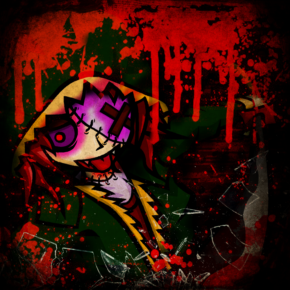 album_cover, asymmetrical_eyes, blood, blood_splatter, broken_glass, cover, djkurara_various, fangs