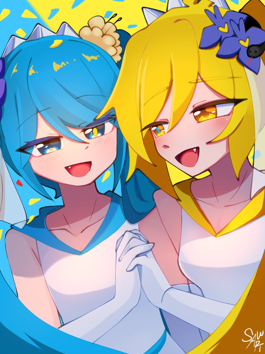 2girls, akita_neru, bare_shoulders, baumkuchen_endroll_(vocaloid), blonde_hair, blue_eyes, blue_flower, blue_hair