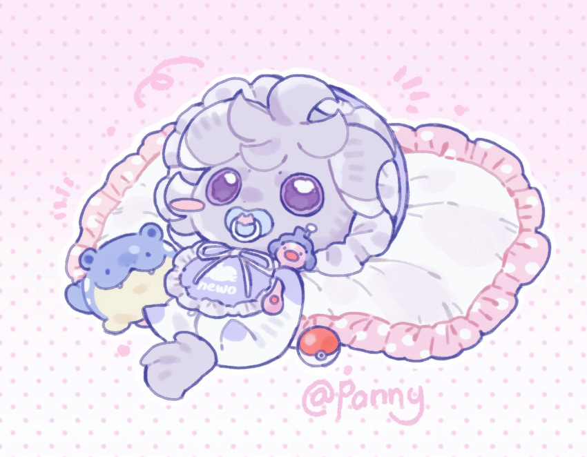 bib, bonnet, clothed_pokemon, commentary, espurr, highres, holding, holding_toy