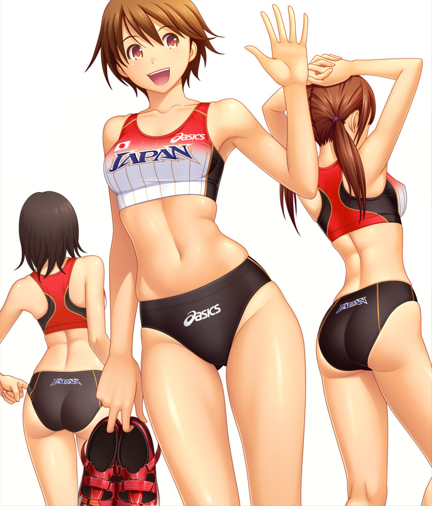adjusting_buruma, armpits, asics, ass, back, black_hair, brown_hair, buruma