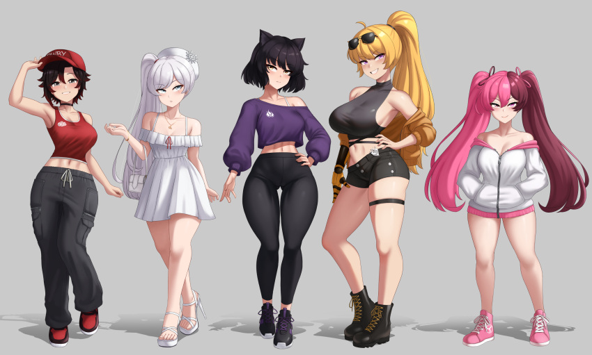 5girls, alternate_costume, alternate_hairstyle, animal_ears, bag, black_hair, blake_belladonna, blonde_hair, boots, breasts, brown_hair, cslucaris, dress, hand_on_own_hip, handbag, hat, height_difference, heterochromia, highres, large_breasts, long_hair, medium_breasts, multicolored_hair, multiple_girls, neopolitan_(rwby), pink_hair, pink_shoes, ponytail, red_tank_top, ruby_rose, rwby, shoes, short_hair, split-color_hair, sunglasses, sweater, tank_top, weiss_schnee, white_dress, white_hair, yang_xiao_long