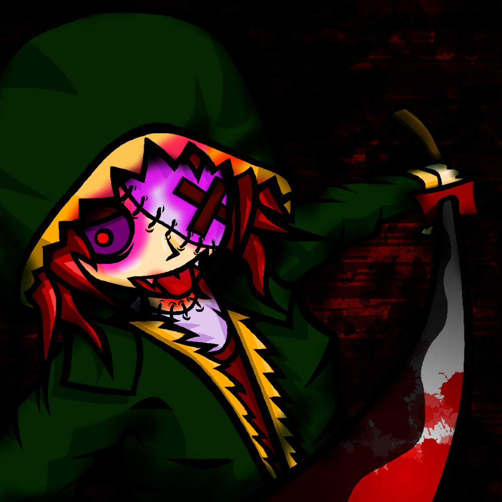 album_cover, asymmetrical_eyes, black_smoke, blood, blood_on_weapon, cover, djkurara_various, fangs