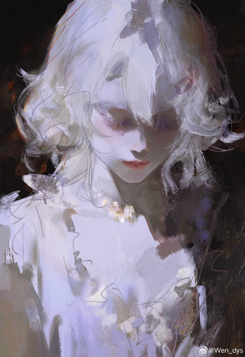1girl, absurdres, blonde_hair, chinese_commentary, closed_mouth, commentary_request, dress, facing_down