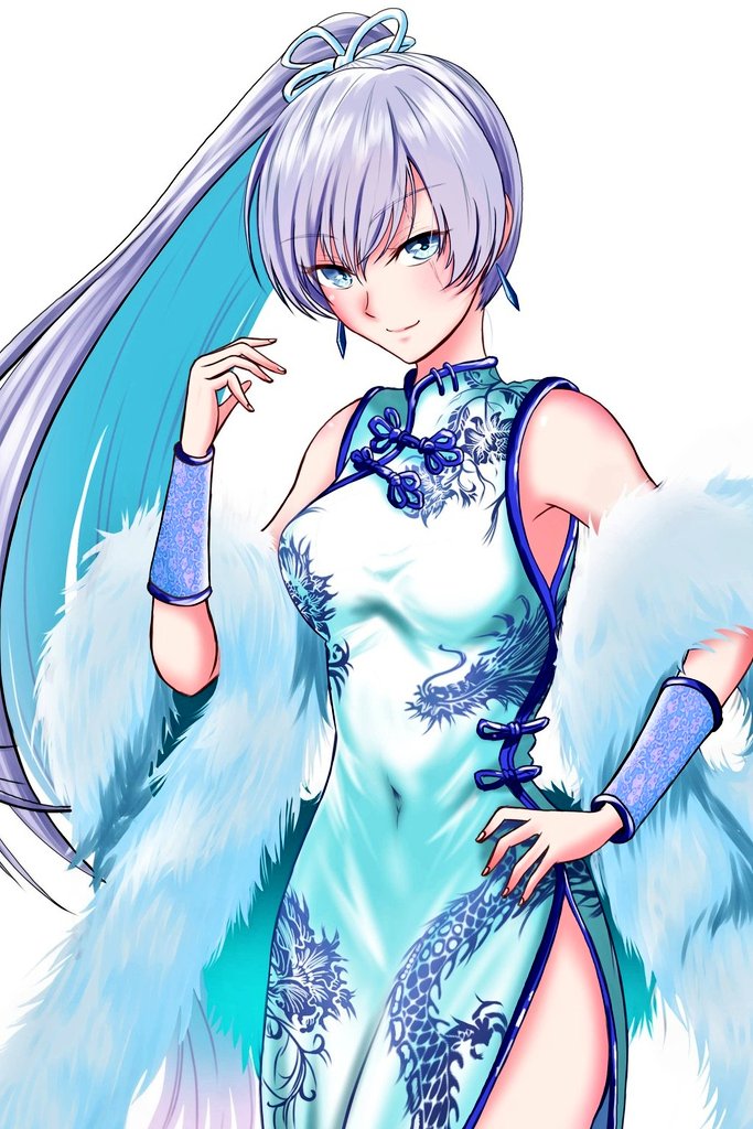 1girl, aqua_eyes, bare_shoulders, bracer, breasts, china_dress, chinese_clothes, closed_mouth, commentary_request, dress, earrings, eastern_dragon_print, floating_earrings, fur_scarf, hair_between_eyes, hand_on_own_hip, high_ponytail, jewelry, kumanosigenium1, long_hair, looking_at_viewer, ponytail, rwby, side_ponytail, side_slit, simple_background, sleeveless, sleeveless_dress, small_breasts, smile, solo, upper_body, very_long_hair, weiss_schnee, white_background, white_hair