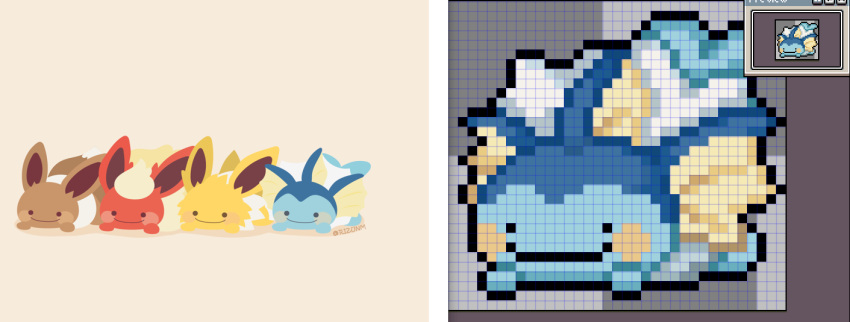 artist_name, commentary_request, eevee, flareon, image_editing_program, jolteon, pixel_art, pokemon