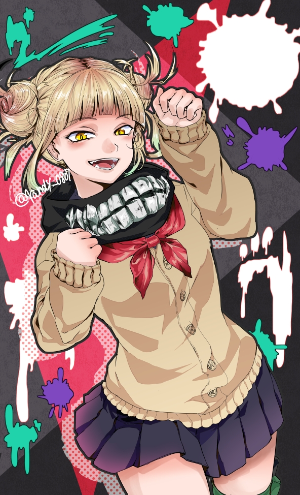 1girl, black_skirt, blonde_hair, blunt_bangs, boku_no_hero_academia, cardigan, commentary, double_bun, hair_bun, hand_up, looking_at_viewer, medium_hair, metallica0807, neckerchief, open_mouth, pleated_skirt, red_neckerchief, school_uniform, skirt, slit_pupils, smile, thigh_strap, toga_himiko, twitter_username, yellow_cardigan, yellow_eyes