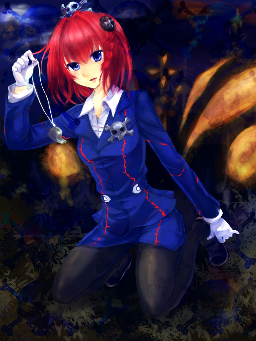 1girl, bad_id, bad_pixiv_id, black_pantyhose, black_shoes, blue_eyes, blue_hat, blue_jacket