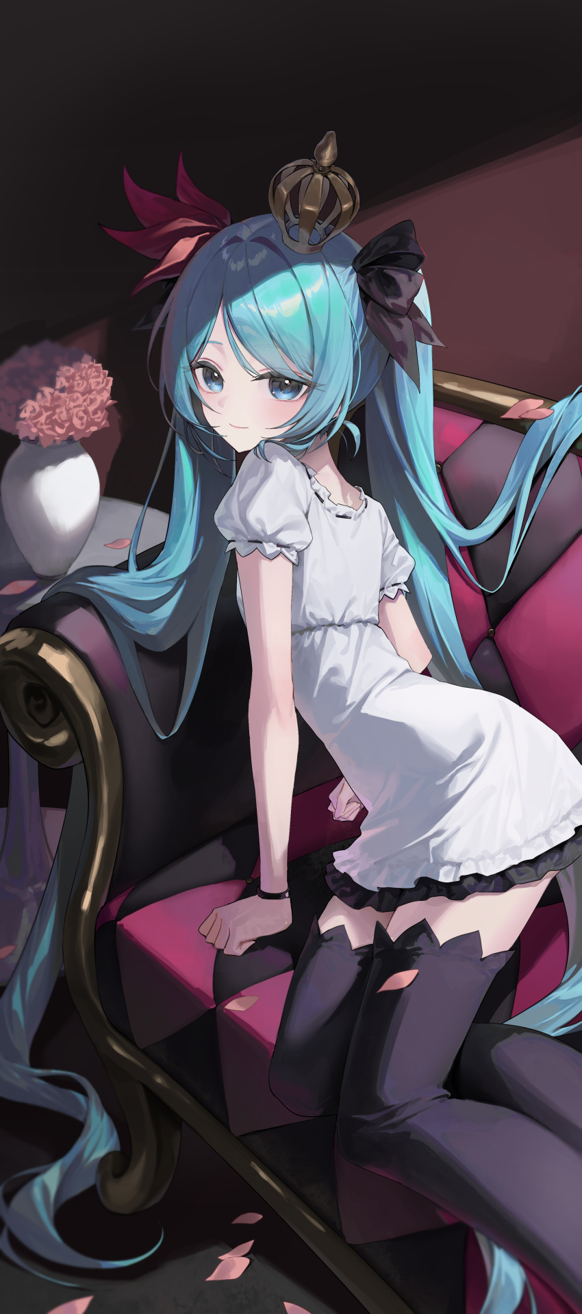 1girl, absurdly_long_hair, absurdres, aco_(aco_7313), aqua_eyes, aqua_hair, arm_support, black_ribbon