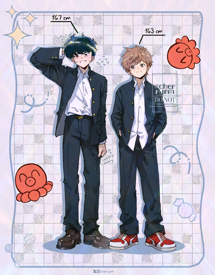 2boys, belt, black_belt, black_hair, black_pants, blush, brown_hair, brown_shoes