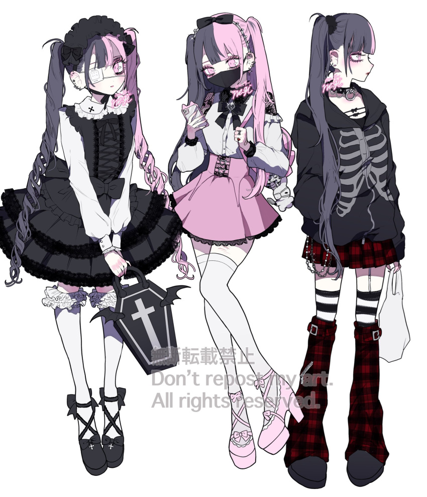 1girl, animal_charm, artist_name, backpack, bag, bandaid, bandaid_on_hand, black_bag, black_bow, black_collar, black_dress, black_headdress, black_hoodie, black_shoes, bow, bow_hairband, center-flap_bangs, charm_(object), closed_mouth, coffin-shaped_bag, collar, collarbone, commentary, cross, cross-laced_clothes, cross-laced_dress, cross_print, dot_nose, dress, ear_piercing, eyelashes, eyepatch, frilled_collar, frilled_dress, frilled_headband, frilled_thighhighs, frills, full_body, hair_flip, hair_tie, hairband, hand_in_pocket, high_side_ponytail, highres, holding, holding_bag, holding_phone, hood, hood_down, hoodie, jewelry, lace-trimmed_dress, lace-trimmed_skirt, lace_collar, lace_trim, leg_warmers, long_hair, long_sleeves, mask, medical_eyepatch, mouth_mask, multicolored_hair, multiple_costumes, n_96v, original, peter_pan_collar, phone, piercing, pink_bag, pink_shoes, pink_skirt, plaid_clothes, plaid_leg_warmers, plaid_skirt, plastic_bag, platform_heels, profile, red_leg_warmers, red_skirt, ring, shirt, shoes, side_ponytail, skeleton_print, skirt, split-color_hair, strappy_heels, striped_clothes, striped_thighhighs, thigh-highs, twintails, twitter_username, two-tone_hair, wallet_chain, watermark, white_shirt, white_thighhighs