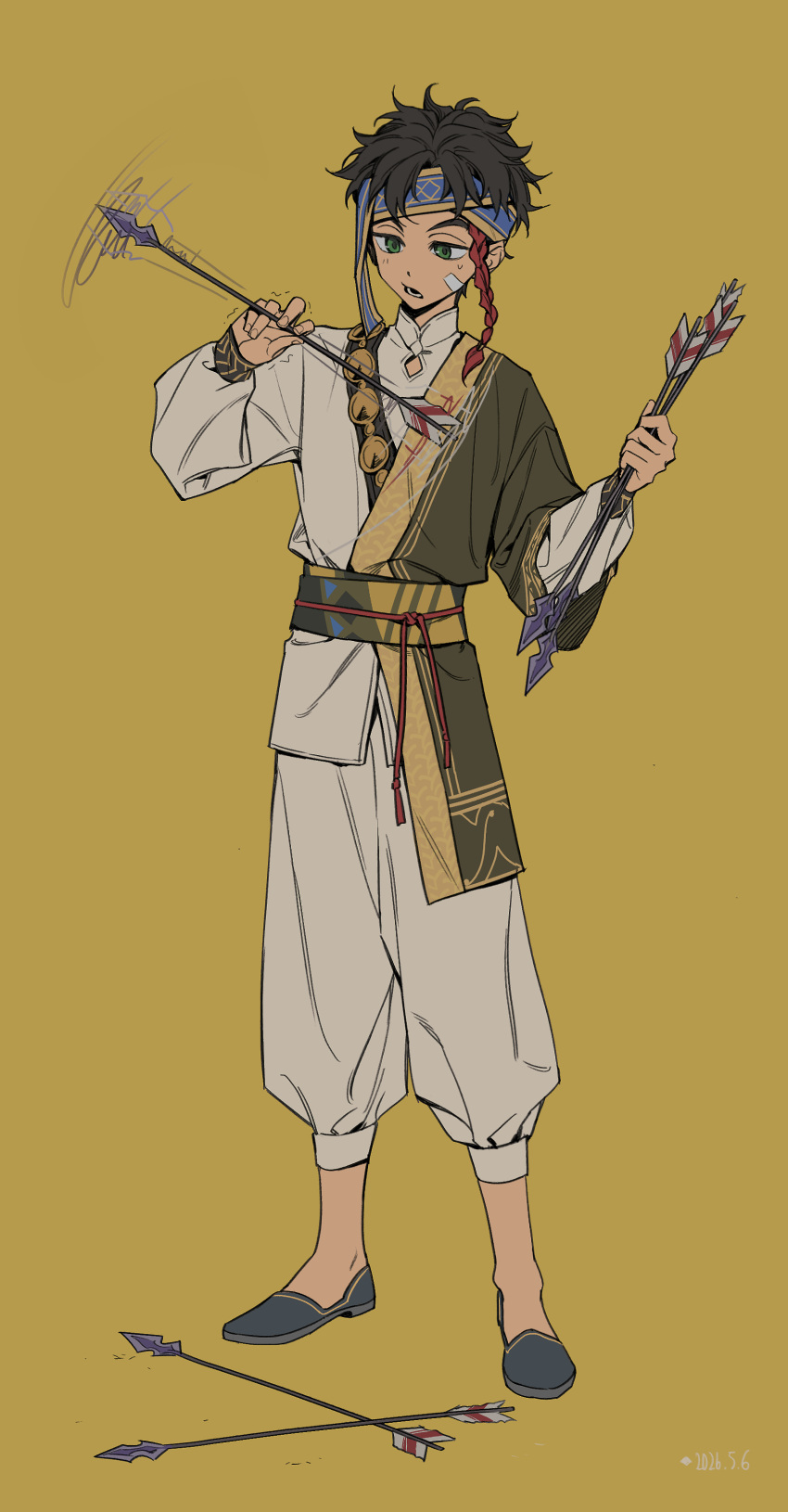 1boy, absurdres, aged_down, arrow_(projectile), bandaid, bandaid_on_face, black_shoes, braid