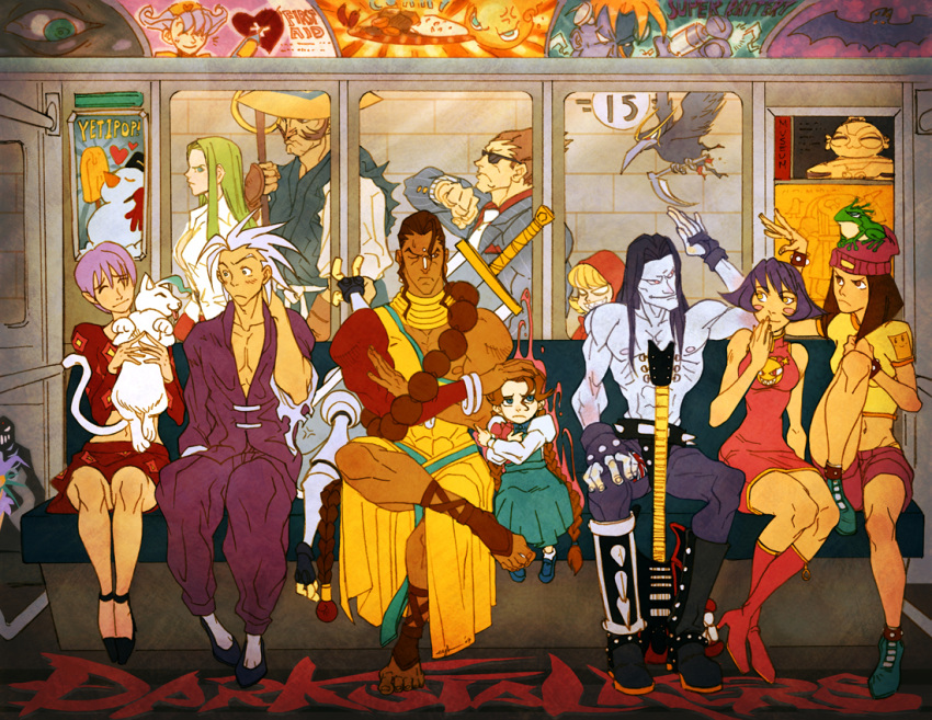 4boys, 5boys, 5girls, 6+girls, animal, anita_(darkstalkers), ankle_wrap, b.b._hood, beanie, bird, bishamon_(darkstalkers), black_hair, blonde_hair, blue_skin, boots, braid, brown_hair, bus, cat, chinese_clothes, colored_skin, commentary, company_connection, crop_top, crossed_legs, crossover, dark_skin, darkstalkers, demitri_maximoff, donovan_baine, dress, english_commentary, everyone, fingerless_gloves, gingashi, gloves, green_hair, guitar, hat, hsien-ko, huitzil_(darkstalkers), instrument, jedah_dohma, jewelry, jon_talbain, lilith_(darkstalkers), long_hair, lord_raptor, mei-ling_(darkstalkers), midriff, monkey, morrigan_aensland, motor_vehicle, multiple_boys, multiple_crossover, multiple_girls, muscular, neck_ring, ninja, poster_(object), purple_hair, rikuo_(darkstalkers), sandals, short_hair, siblings, sisters, sitting, skull, subway, subway_station, sunglasses, sword, train_interior, twin_braids, very_dark_skin, weapon, white_hair, zombie