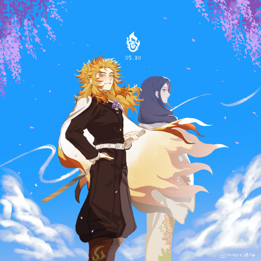 1boy, 1girl, belt, black_hair, blonde_hair, cape, commentary_request, demon_slayer_uniform