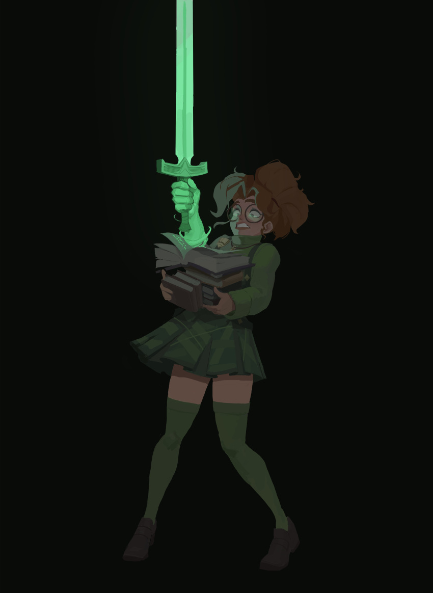 1girl, absurdres, book, breasts, commentary, deadlock_(game), full_body, glasses