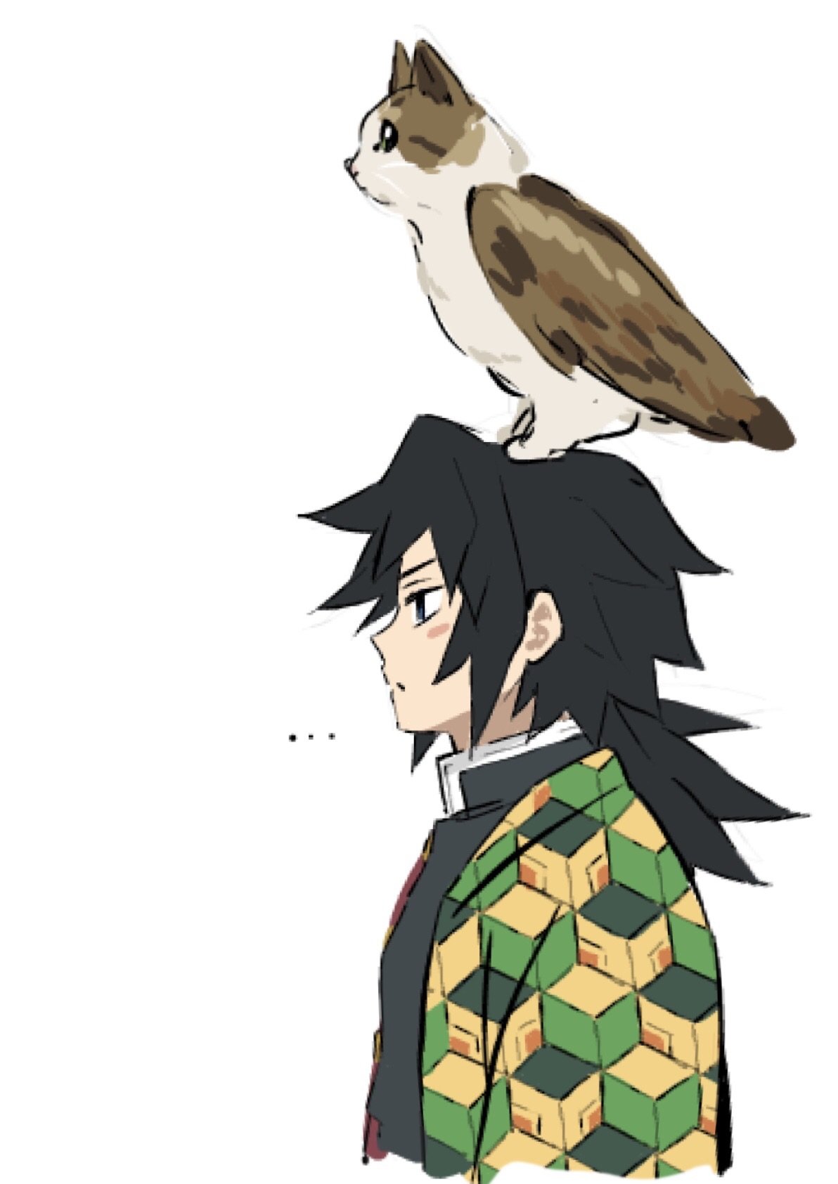 1boy, bird, black_hair, blue_eyes, cat, closed_mouth, demon_slayer_uniform, highres
