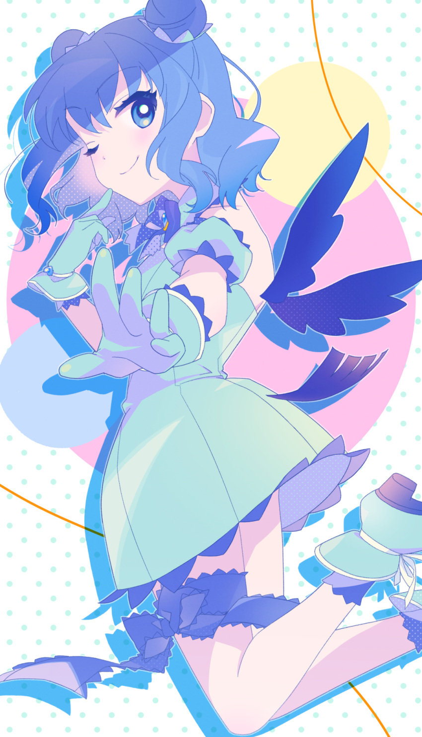 1girl, aizawa_mint, bare_shoulders, bird_tail, bird_wings, blue_dress, blue_eyes, blue_gloves