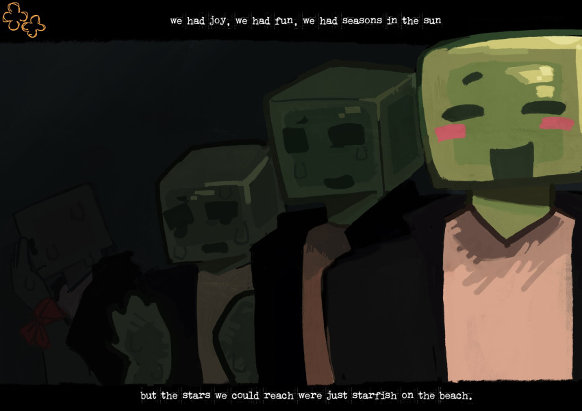 1boy, averythemayo, black_shirt, block_head, colored_skin, english_text, green_skin, highres