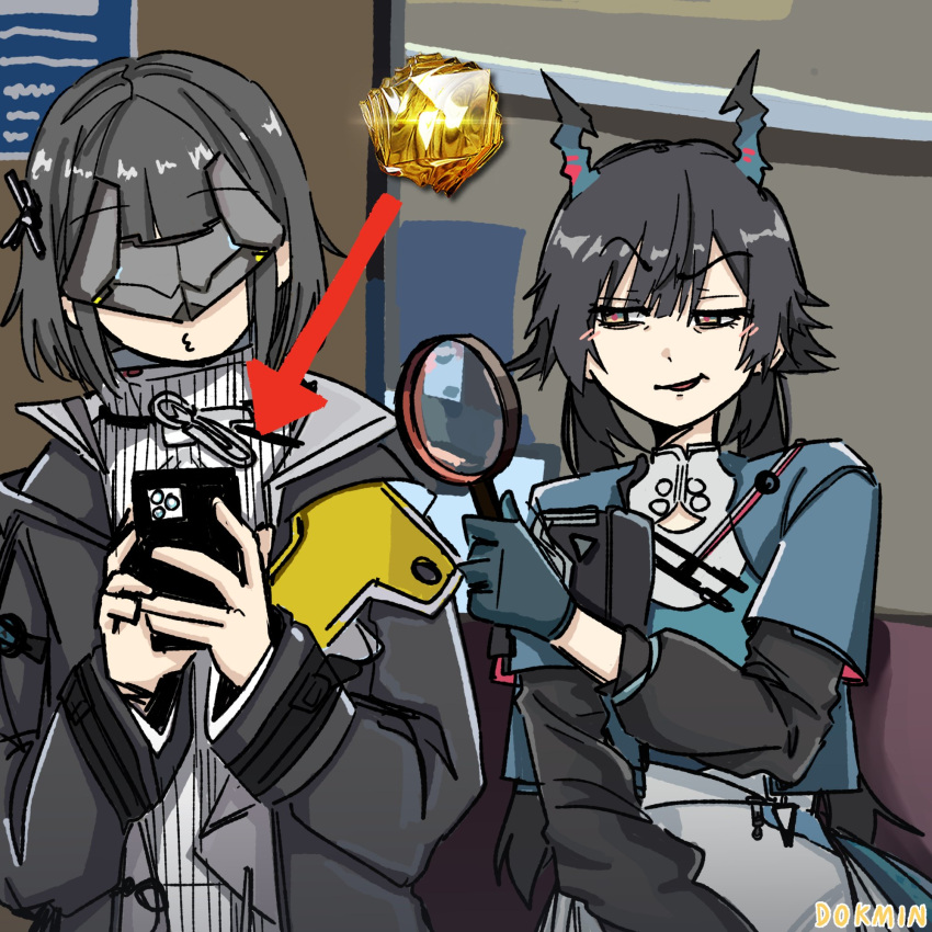 2girls, arknights, arknights:_endfield, arrow_(symbol), artist_name, black_coat, black_hair, black_mask